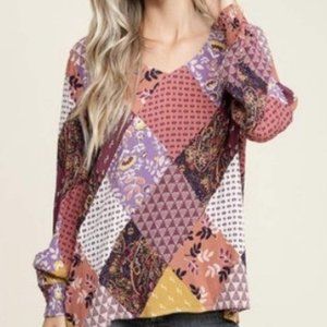 Staccato Berry Patchwork Vneck Top, Size Medium